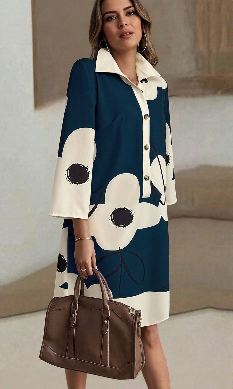 OUTZIDR Navy Blue Abstract Print A Line Dress - Image 1